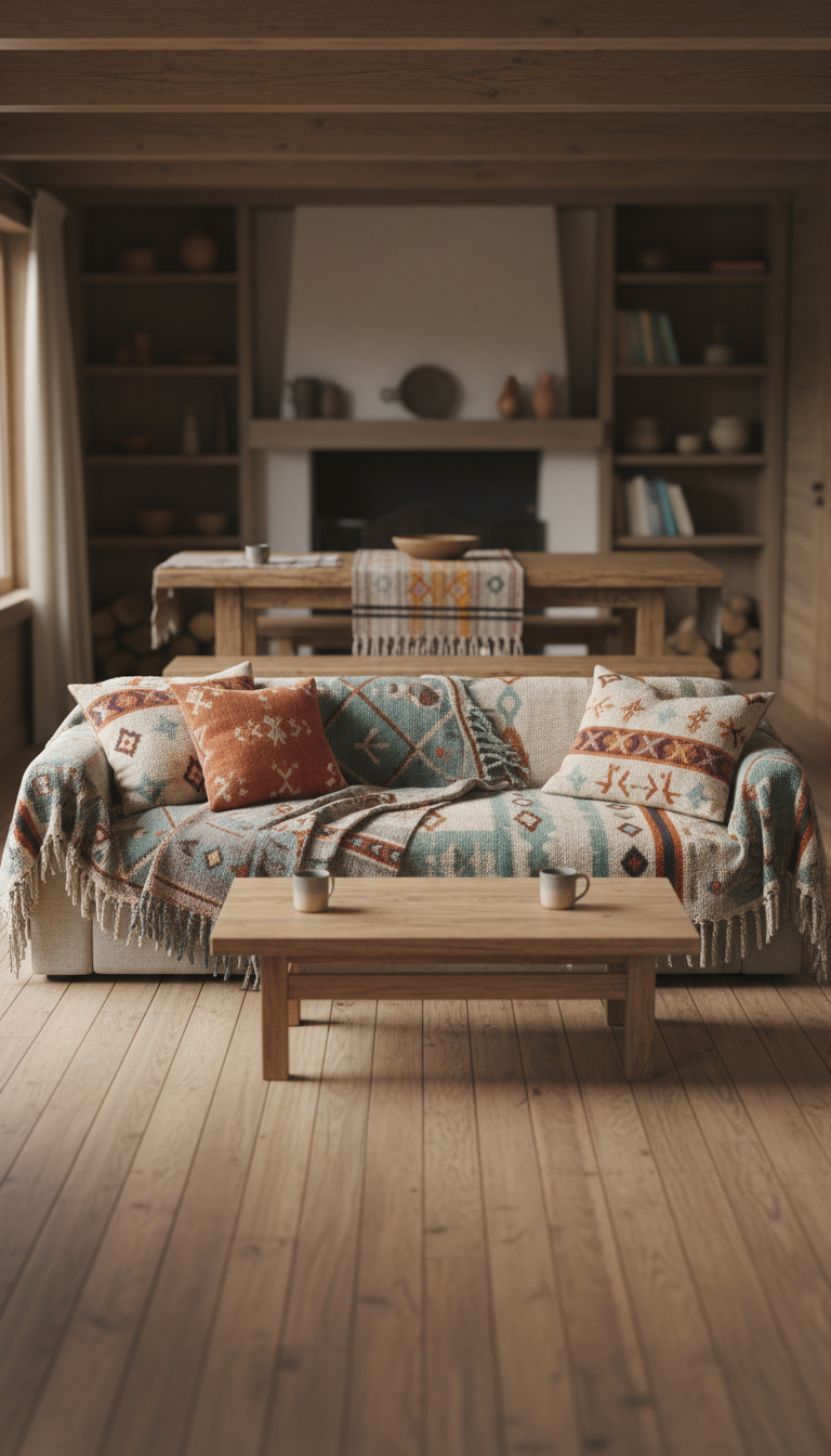 Woodland cabin with handwoven throws